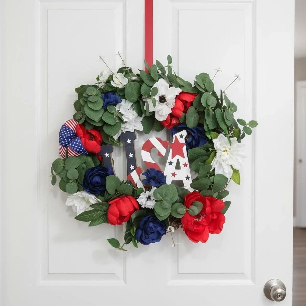 Patriotic USA Wreath, Red White Blue Floral, Veteran Memorial Day